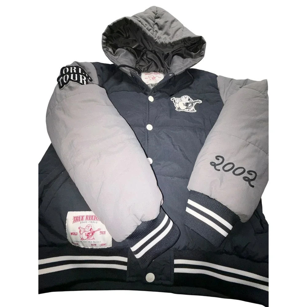 True Religion World Tour Puffer Varsity Jacket Hooded Navy Grey Mens Y2K XL‎